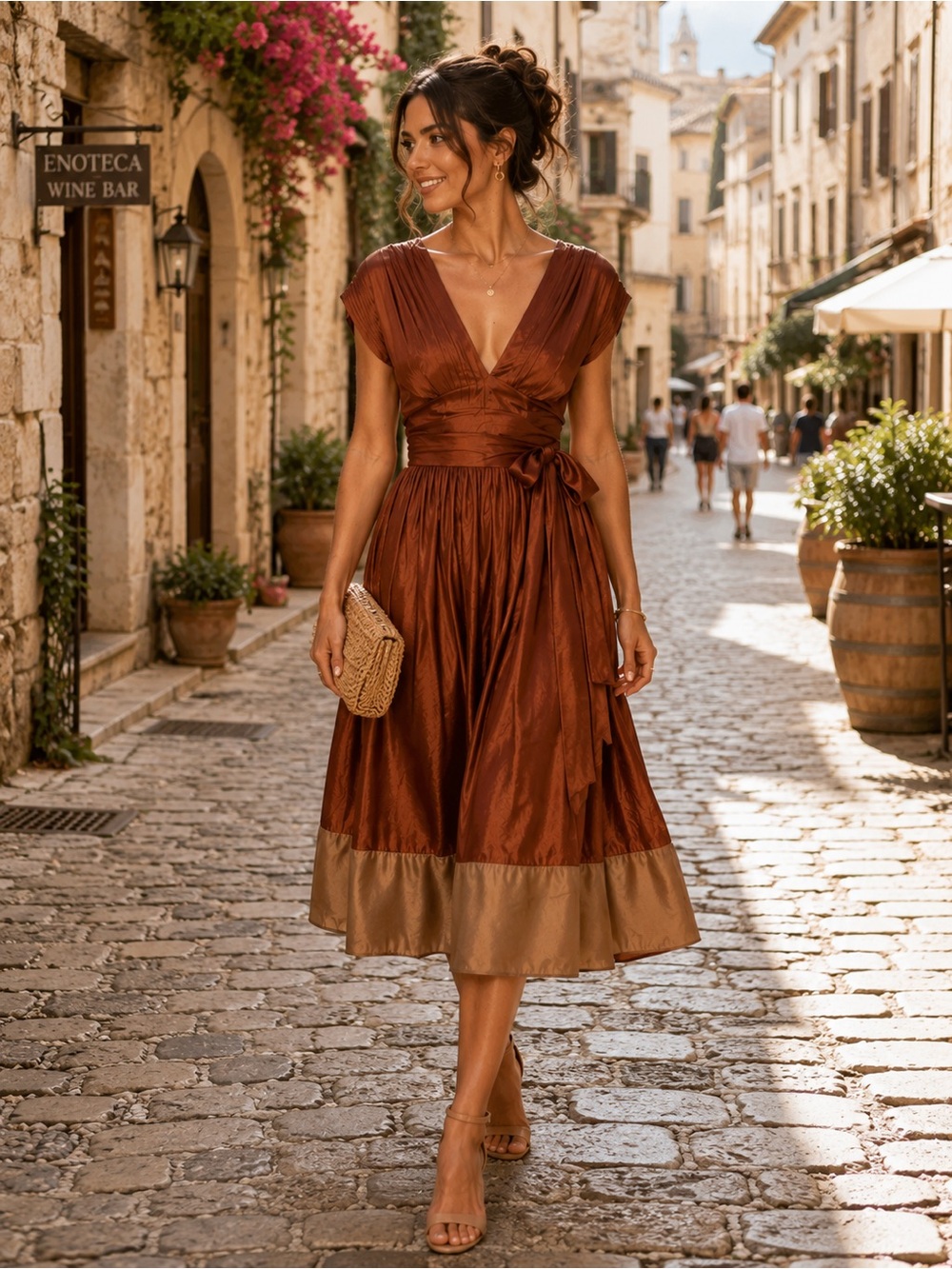 BCBG Max Azria Silk Plunge Neck Midi Dress | Bronze Brown | Size 2